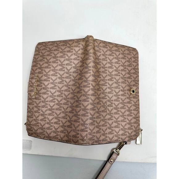 Michael Kors Jet Set Travel Double Zip Wristlet Pink Gold Bi Fold Wallet MK Logo - Picture 7 of 9